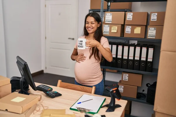 Young Pregnant Woman Working Small Business Ecommerce Drinking Boss Cup — Stock Photo, Image