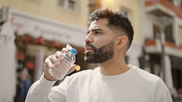 Young Hispanic Man Drinking Water Street — 스톡 사진