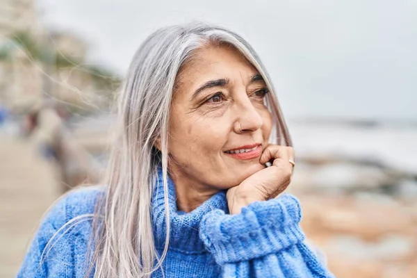 Middle Age Grey Haired Woman Smiling Confident Looking Side Seaside — Stock Fotó