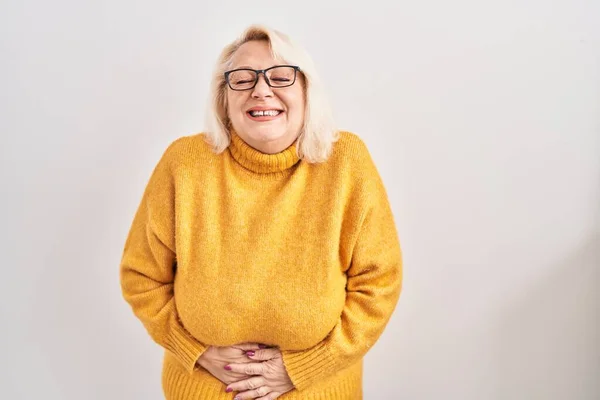 Middle Age Caucasian Woman Wearing Glasses Standing Background Hand Stomach — Stock Photo, Image