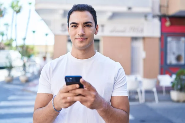 Young Hispanic Man Smiling Confident Using Smartphone Coffee Shop Terrace — 图库照片