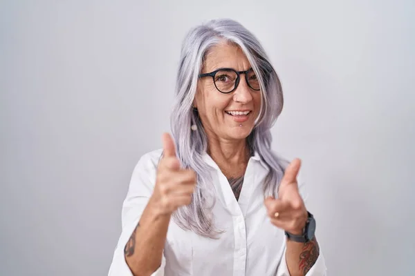 Middle Age Woman Tattoos Wearing Glasses Standing White Background Pointing — Stock Photo, Image