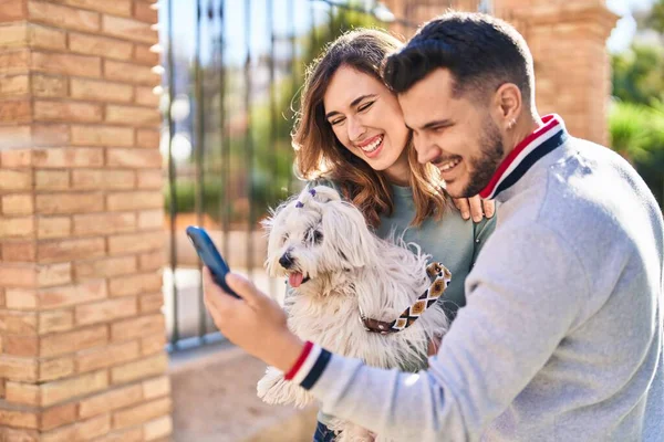 Man Woman Holding Dog Having Video Call Smartphone Street — Stockfoto