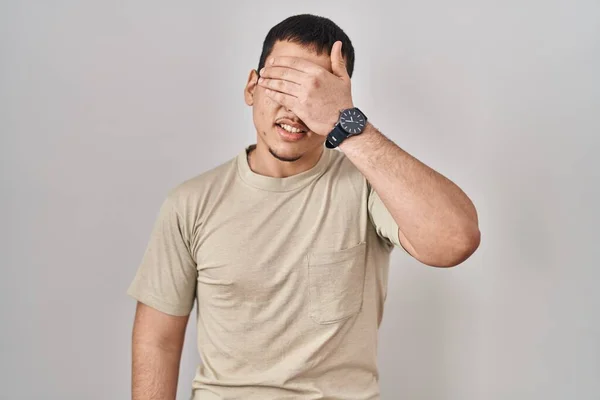 Young Arab Man Wearing Casual Shirt Smiling Laughing Hand Face — Stock Photo, Image