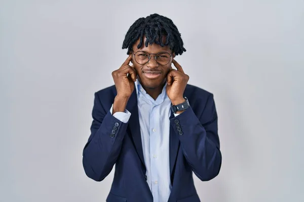 Young African Man Dreadlocks Wearing Business Jacket White Background Covering — Stock Photo, Image