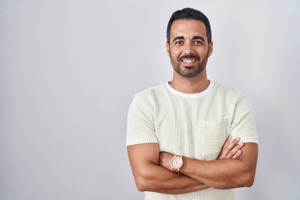 Hispanic Man Beard Standing Isolated Background Happy Face Smiling Crossed — Stock Photo, Image