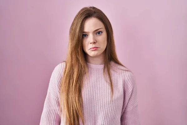 Young Caucasian Woman Standing Pink Background Depressed Worry Distress Crying — 图库照片