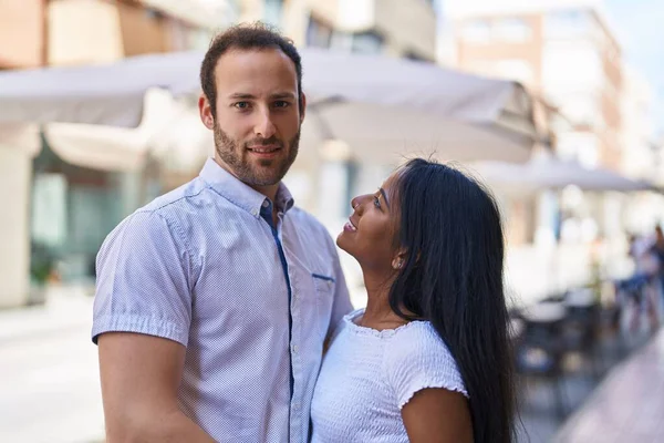 Man Woman Interracial Couple Hugging Each Other Street —  Fotos de Stock