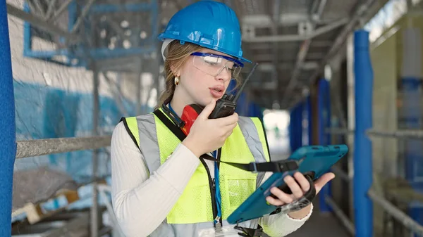 Young Blonde Woman Architect Talking Walkie Talkie Using Touchpad Street — Stock Photo, Image