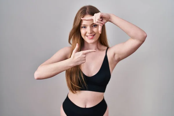 Young Caucasian Woman Wearing Lingerie Smiling Making Frame Hands Fingers — Stock Photo, Image