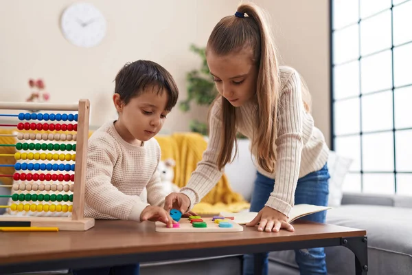 Adorable Boy Girl Playing Maths Puzzle Game Standing Home — Stock Photo, Image