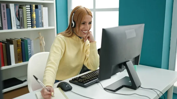 Young Blonde Woman Student Smiling Confident Having Video Call University —  Fotos de Stock