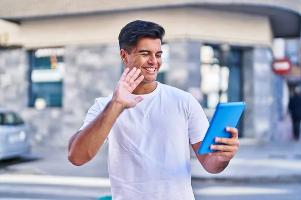 Young Hispanic Man Smiling Confident Having Video Call Street — 图库照片