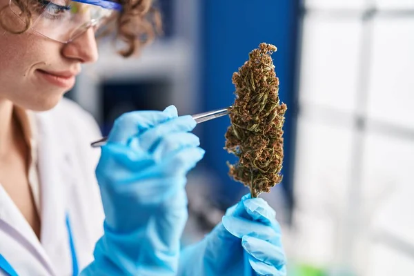 Young Hispanic Woman Scientist Holding Marihuana Plant Using Tweezers Laboratory — Fotografia de Stock