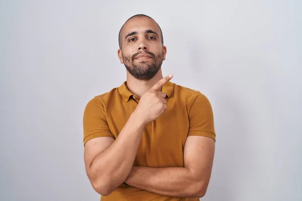 Hispanic Man Beard Standing White Background Pointing Hand Finger Side — Foto de Stock