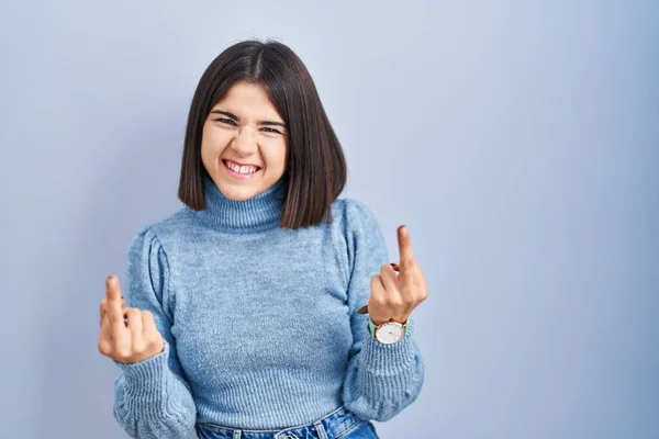Young Hispanic Woman Standing Blue Background Showing Middle Finger Doing — Stok fotoğraf