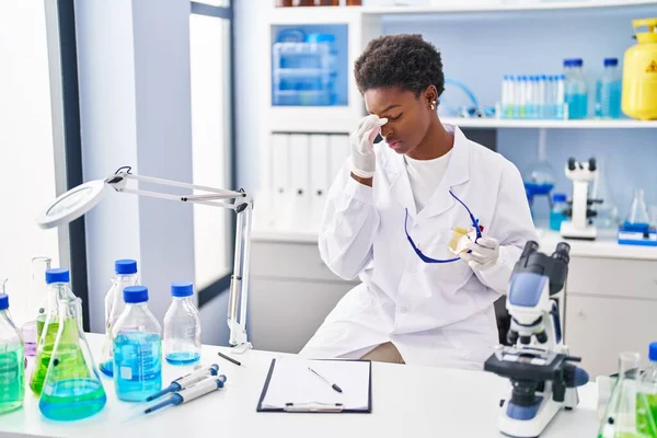 African American Woman Wearing Scientist Uniform Stressed Working Laboratory — Stock fotografie