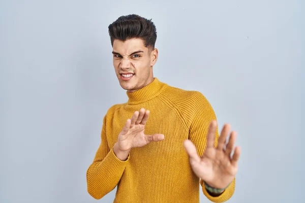 Young Hispanic Man Standing Blue Background Disgusted Expression Displeased Fearful — Φωτογραφία Αρχείου