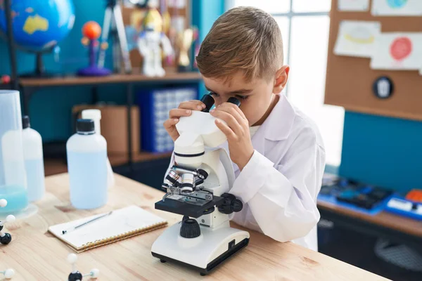 Adorable Hispanic Boy Student Using Microscope Laboratory Classroom — Photo