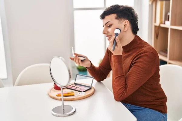 Young Non Binary Man Smiling Confident Applying Makeup Home — Zdjęcie stockowe