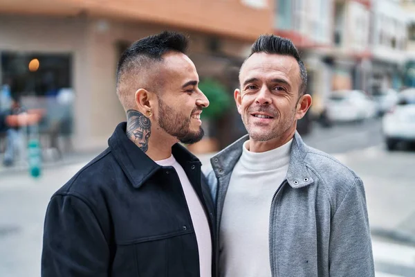 Two Men Couple Smiling Confident Standing Together Street — Stockfoto