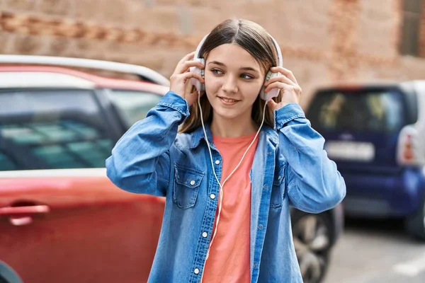 Adorable Girl Listening Music Dancing Street — Foto de Stock