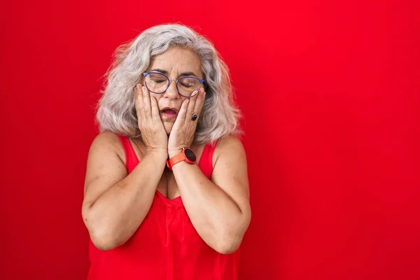 Middle Age Woman Grey Hair Standing Red Background Tired Hands — Stock Photo, Image
