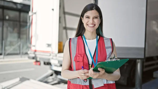 Young Beautiful Hispanic Woman Courier Smiling Confident Holding Clipboard Street — Stock Photo, Image