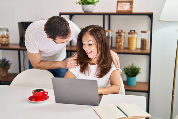 Middle Age Man Woman Couple Hugging Each Other Working Sitting — Stockfoto
