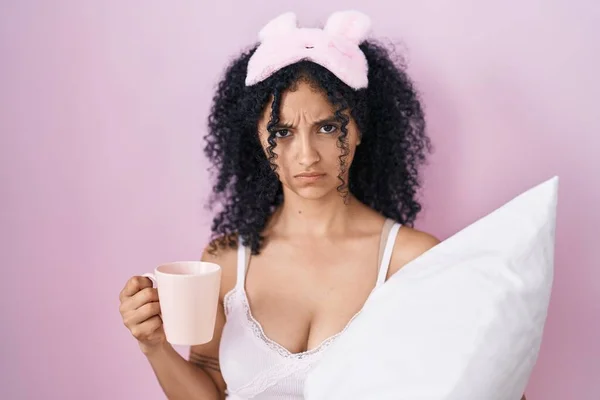 Hispanic Woman Curly Hair Wearing Pajama Drinking Cup Coffee Skeptic — Stock Photo, Image