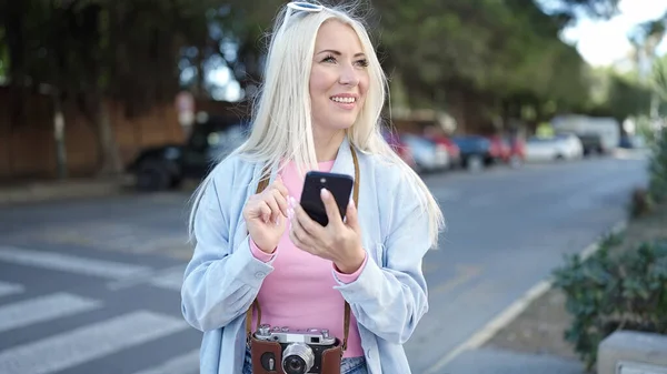 Young Blonde Woman Tourist Smiling Confident Using Smartphone Street — Fotografia de Stock