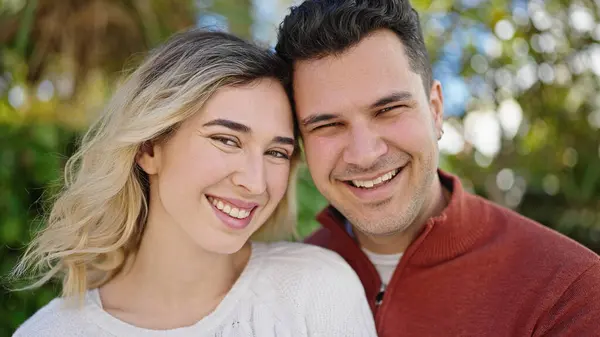 Man Woman Couple Smiling Confident Standing Together Park — Fotografia de Stock