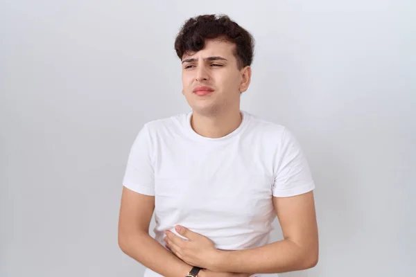 Young Non Binary Man Wearing Casual White Shirt Hand Stomach — Stock Photo, Image
