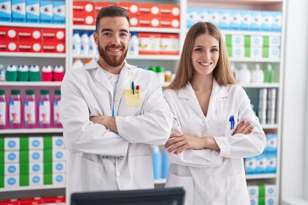Man Woman Pharmacists Smiling Confident Standing Arms Crossed Gesture Pharmacy — Stock Photo, Image