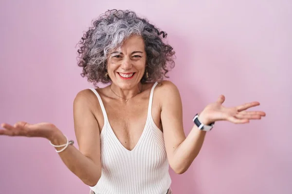 Middle Age Woman Grey Hair Standing Pink Background Celebrating Crazy — Zdjęcie stockowe