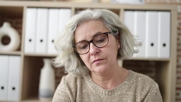 Middle Age Woman Grey Hair Business Worker Stressed Sitting Table — Stock Video