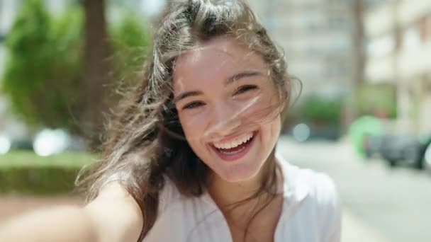 Young Hispanic Woman Smiling Confident Having Video Call Street — Vídeos de Stock