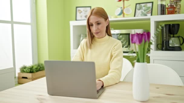 Young Blonde Woman Having Video Call Sitting Table Home — Αρχείο Βίντεο