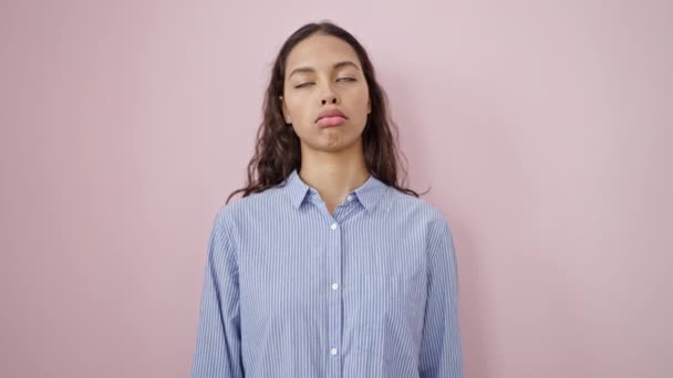 Young Beautiful Hispanic Woman Standing Stressed Expression Isolated Pink Background — Stock Video
