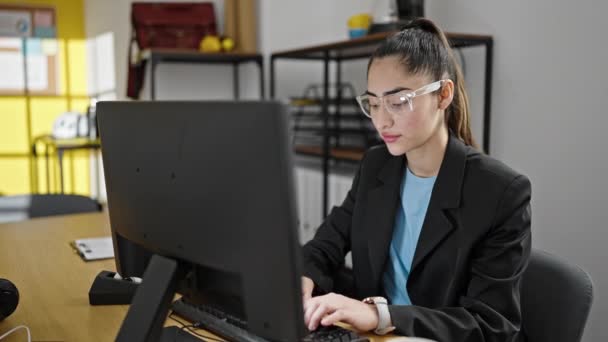 Young Beautiful Hispanic Woman Business Worker Using Laptop Working Winner — Stock Video