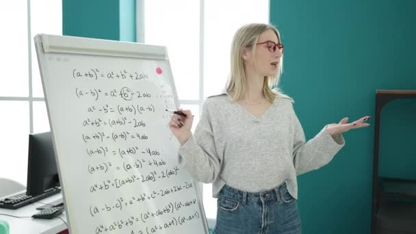 Young Blonde Woman Teaching Maths Magnetic Board Library University — Stock Video