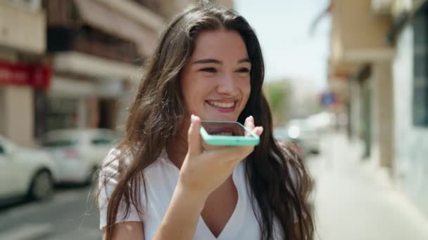 Young Hispanic Woman Smiling Confident Talking Smartphone Street — 图库视频影像