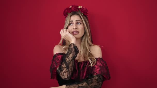 Young Blonde Woman Wearing Katrina Costume Fear Expression Isolated Red — Vídeo de Stock
