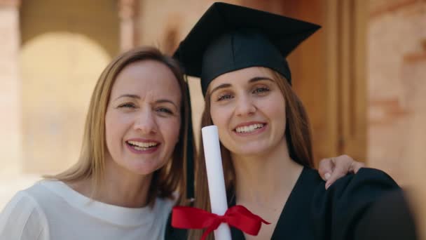 Two Women Mother Graduated Daughter Having Video Call Campus University — Wideo stockowe