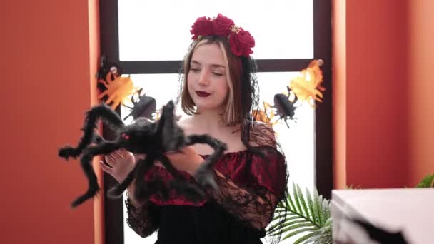 Young Blonde Woman Wearing Katrina Costume Decorating Halloween Party Home — Vídeo de Stock