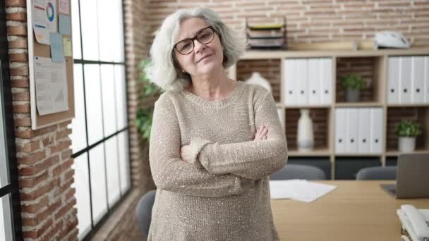 Middle Age Woman Grey Hair Business Worker Smiling Confident Office — Stok video