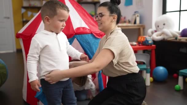 Teacher Boy Girl Playing Circus Tent Sitting Floor Kindergarten — Stock Video
