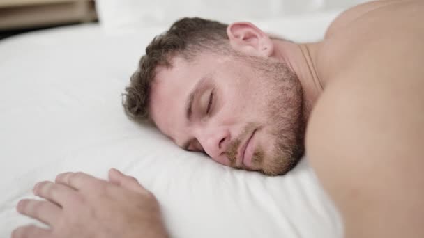 Young Caucasian Man Lying Bed Sleeping Bedroom — ストック動画