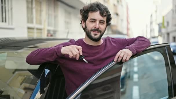 Young Hispanic Man Smiling Confident Holding Key New Car Street — Video Stock