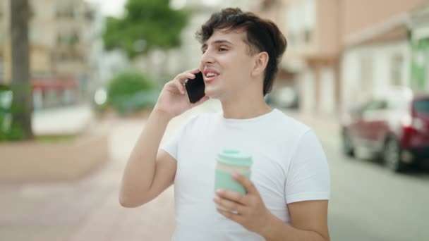 Non Binary Man Talking Smartphone Drinking Coffee Park — Videoclip de stoc